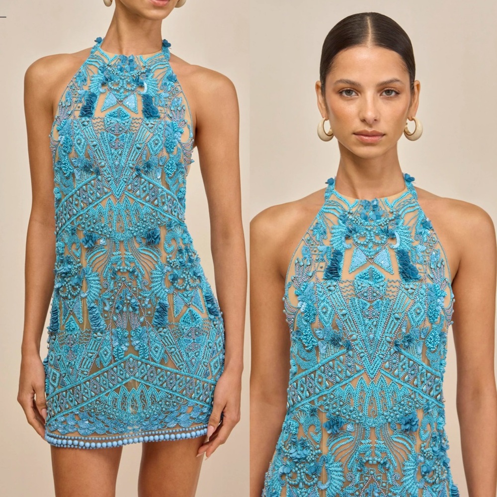 Cult Gaia Evangeline Beaded Jeweled Mini Dress in blue Size 00 $2998 - Picture 2 of 15